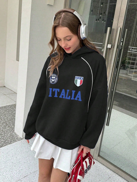 Ezwear sudadera holgada con capucha de estilo deportivo minimalista casual con patron de letra de mexico, para mujer, otono/invierno