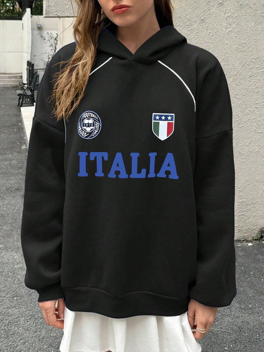 Ezwear sudadera holgada con capucha de estilo deportivo minimalista casual con patron de letra de mexico, para mujer, otono/invierno