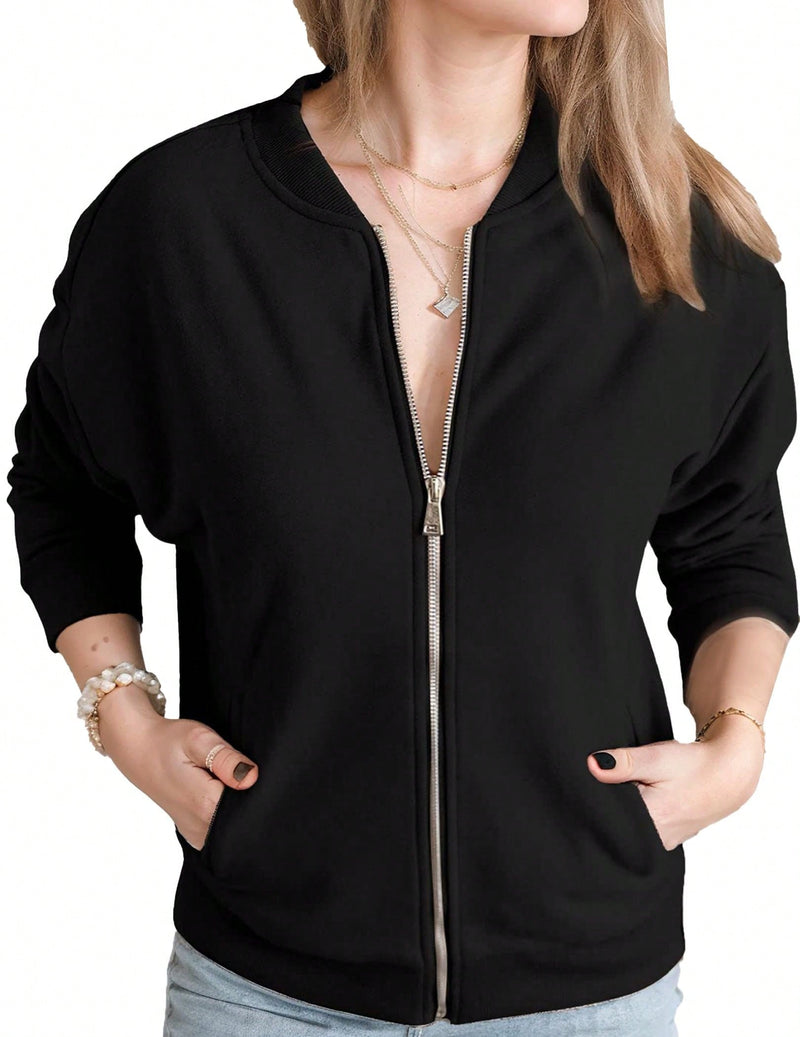 Hoteel chaqueta tipo sueter informal de manga larga con bolsillo y cremallera y tapeta para mujer