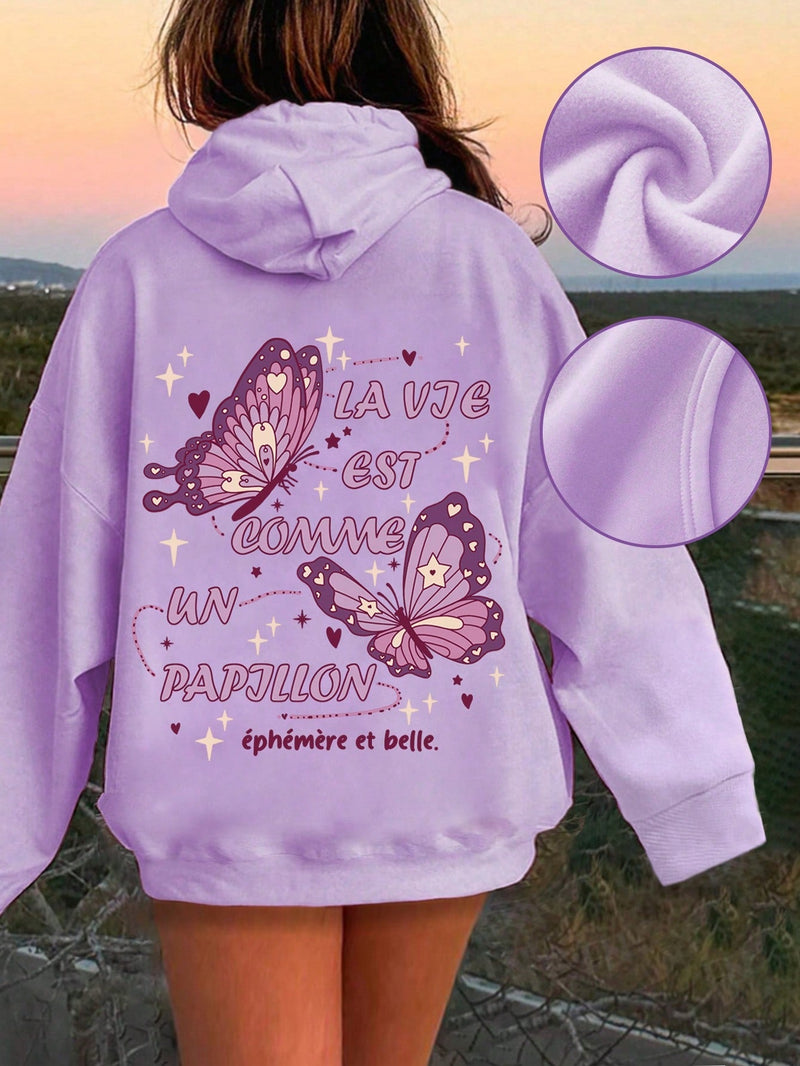 Ezwear sudadera con capucha y mangas largas con estampado de mariposa y letras para mujer