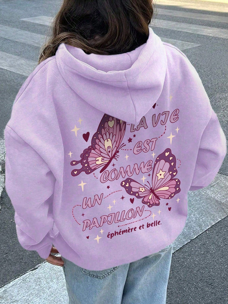 Ezwear sudadera con capucha y mangas largas con estampado de mariposa y letras para mujer