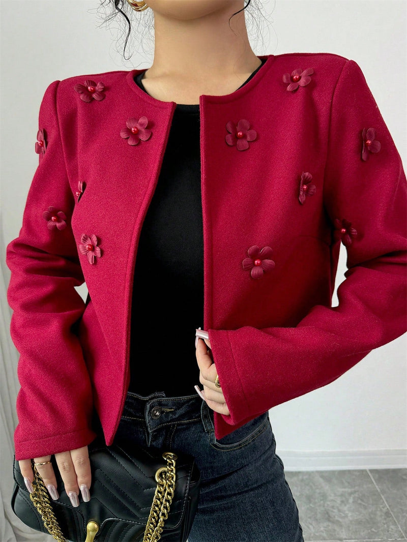 Modely chaqueta de manga larga con diseno de dragon y fenix, con perlas rojas tejidas de lujo para mujer