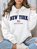 Ezwear sudadera con capucha blanca informal de talla estandar con estampado de texto "new york" para mujer