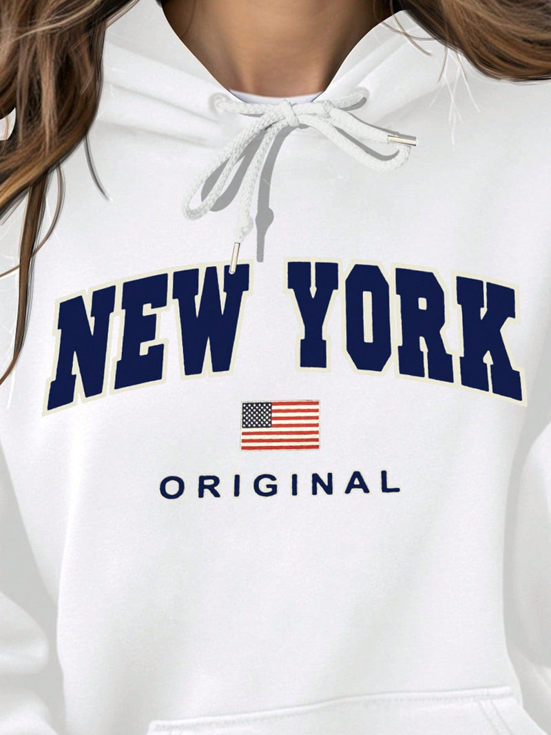 Ezwear sudadera con capucha blanca informal de talla estandar con estampado de texto "new york" para mujer