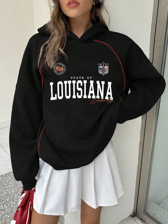 Ezwear sudadera holgada con capucha de estilo deportivo minimalista casual con patron de letra de mexico, para mujer, otono/invierno