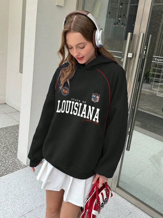 Ezwear sudadera holgada con capucha de estilo deportivo minimalista casual con patron de letra de mexico, para mujer, otono/invierno