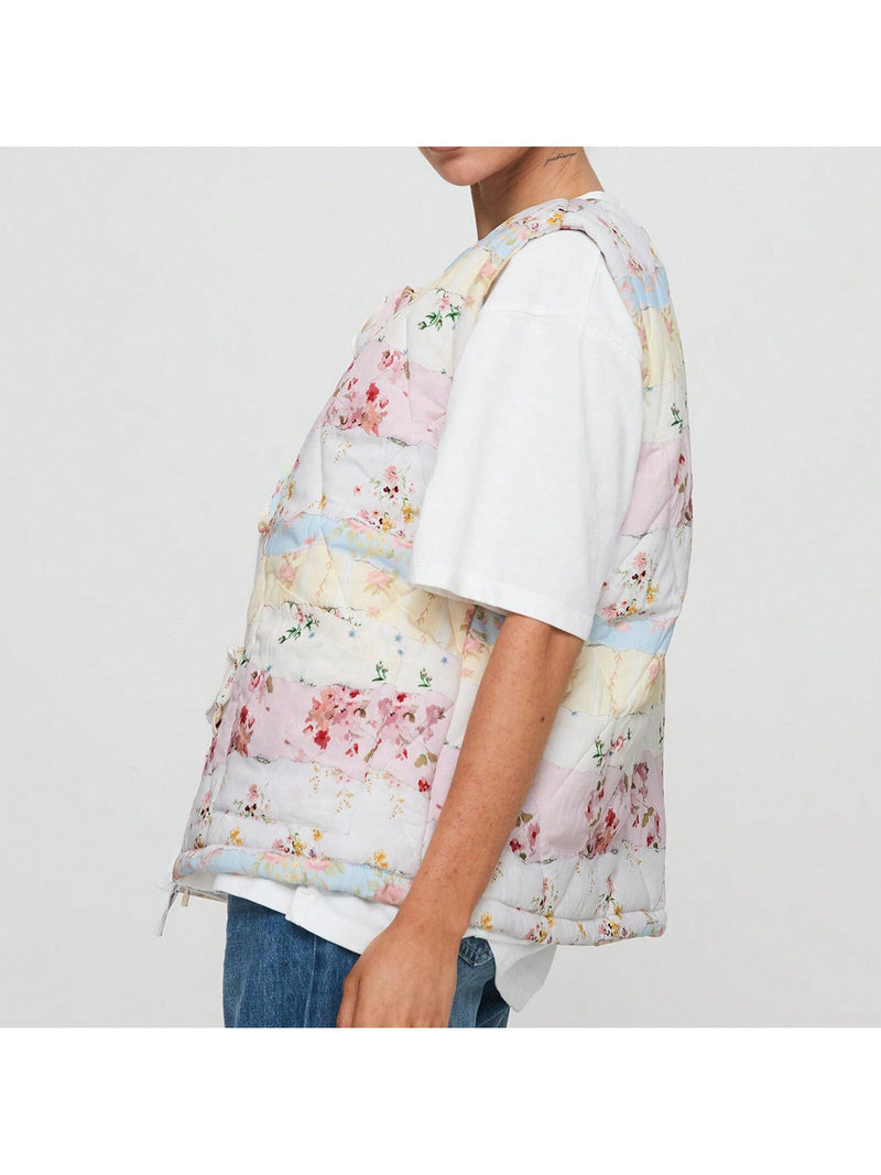 Chaleco ligero con estampado floral para mujer, sin mangas, acolchado, con lazo, abierto al frente