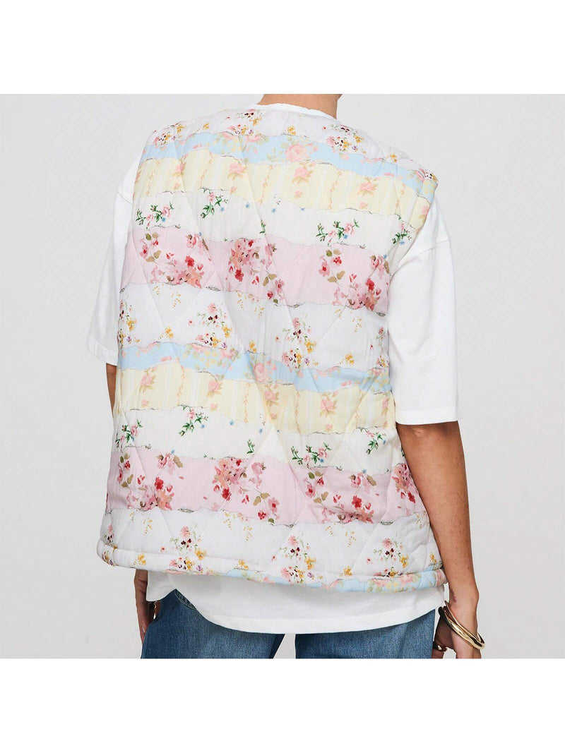 Chaleco ligero con estampado floral para mujer, sin mangas, acolchado, con lazo, abierto al frente