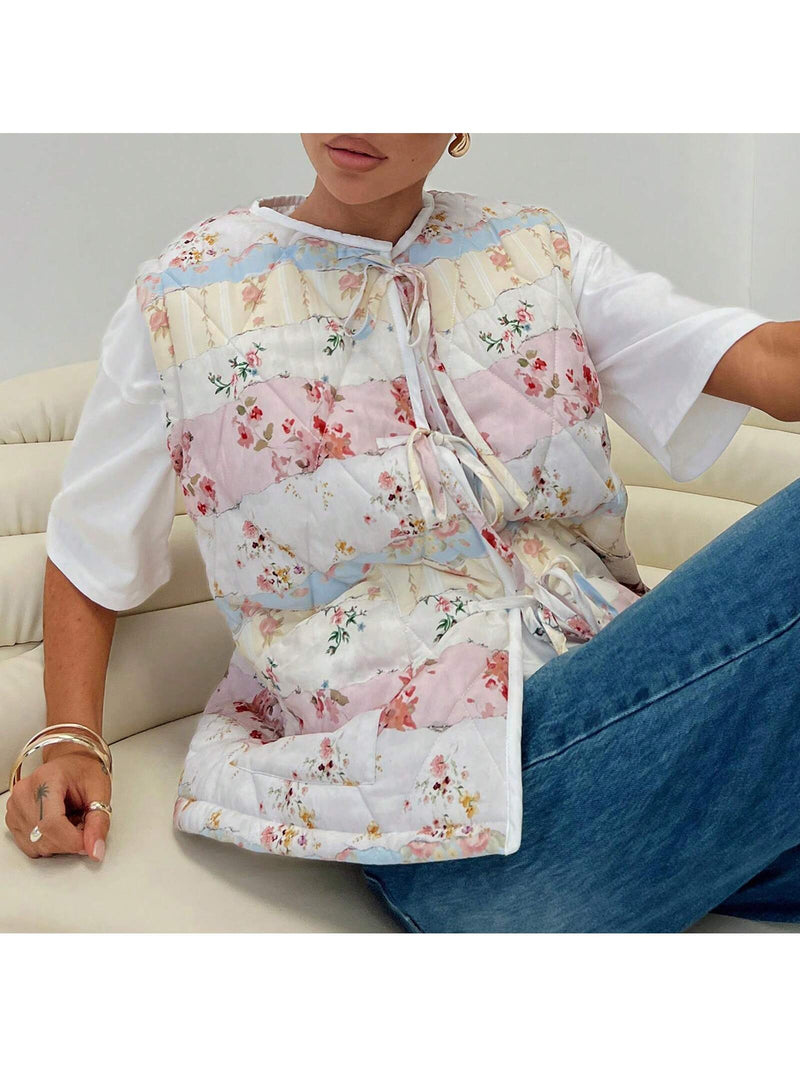 Chaleco ligero con estampado floral para mujer, sin mangas, acolchado, con lazo, abierto al frente