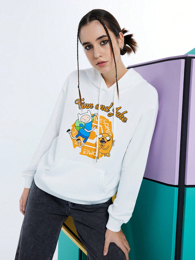 Adventure time x  sudadera con capucha suelta de mujer con bolsillo tipo canguro, estampado de dibujos animados y letras, y hombros caidos