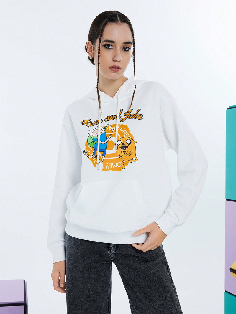 Adventure time x  sudadera con capucha suelta de mujer con bolsillo tipo canguro, estampado de dibujos animados y letras, y hombros caidos