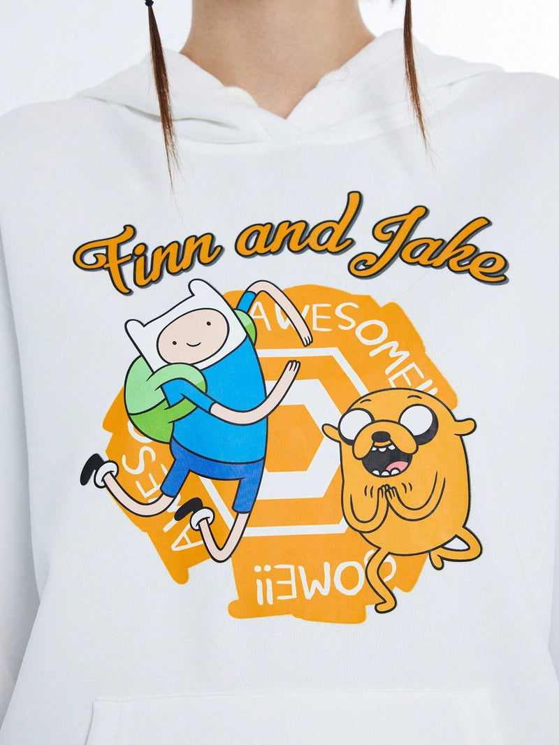 Adventure time x  sudadera con capucha suelta de mujer con bolsillo tipo canguro, estampado de dibujos animados y letras, y hombros caidos