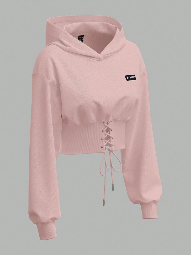 Ezwear sudadera con capucha de mujer color verde oliva con estampado de letras y amarre cruzado al frente