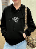 Ezwear sudadera holgada y casual de mujer con cremallera estampada con un gato lindo, sudadera con capucha negra de manga larga con hombros caidos