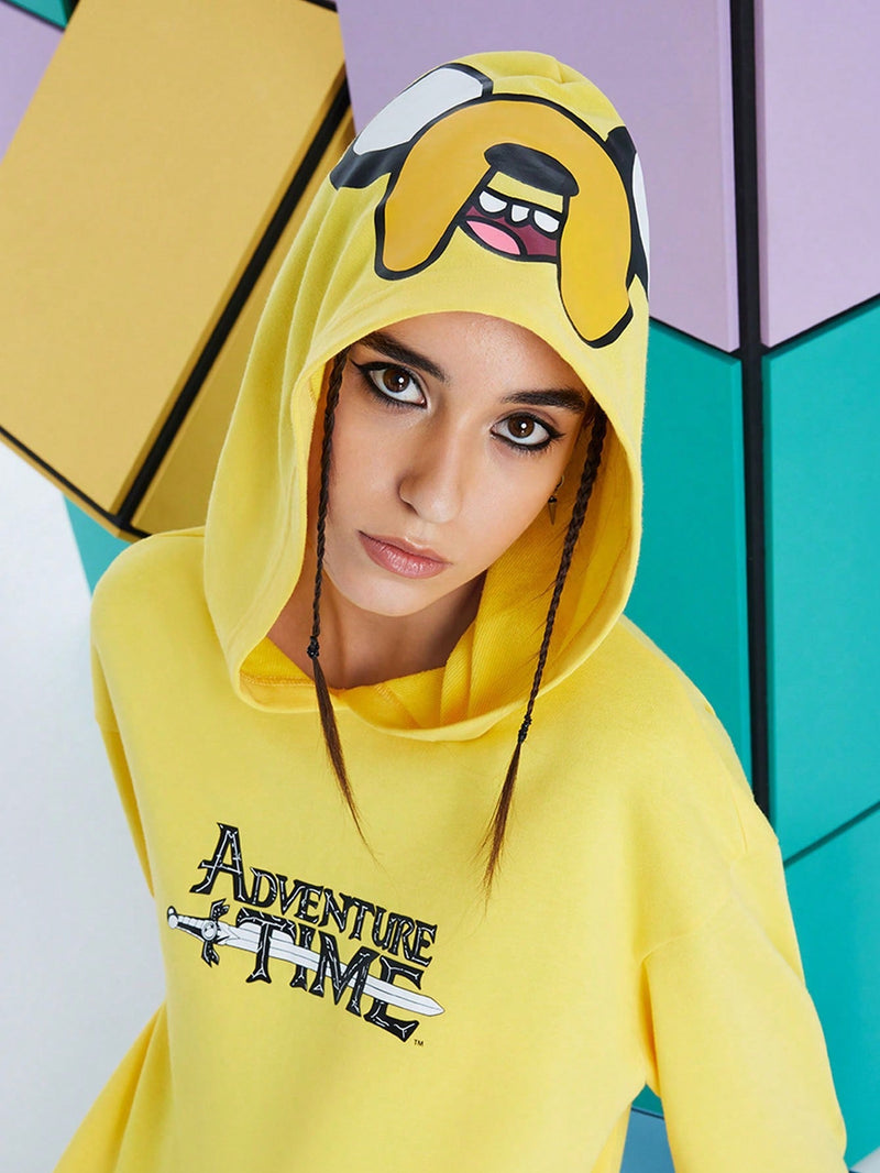 Adventure time x  sudadera casual de mujer con capucha, de hombros caidos y estampado de dibujos animados y letras, ideal para primavera y otono