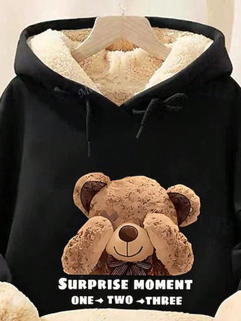 Sudadera con capucha de forro polar aislante termico con estampa de oso negro