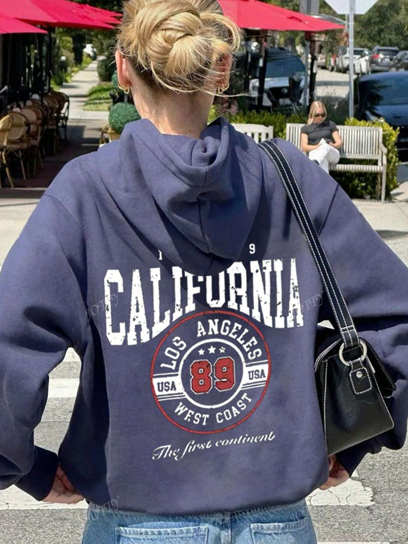 Sudadera con capucha casual de mujer con emblema grafico california y eslogan, azul, para otono/invierno