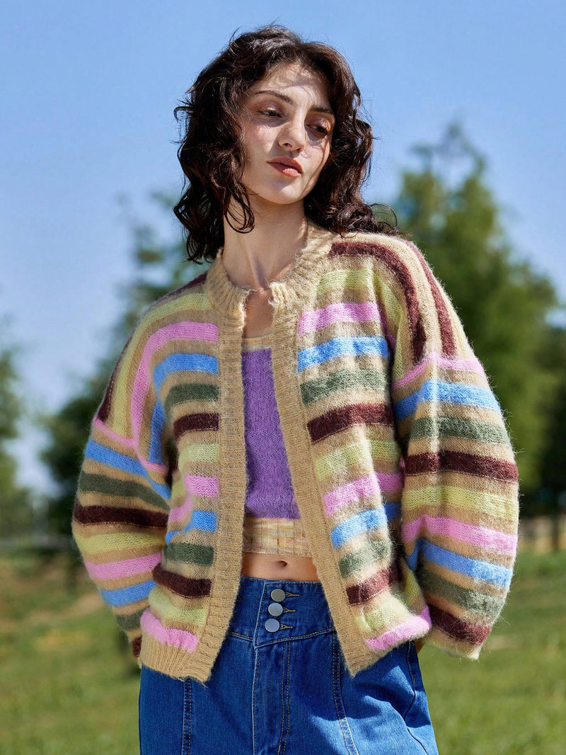 Skyraze cardigan de punto con rayas y contraste de colores en tonos tierra