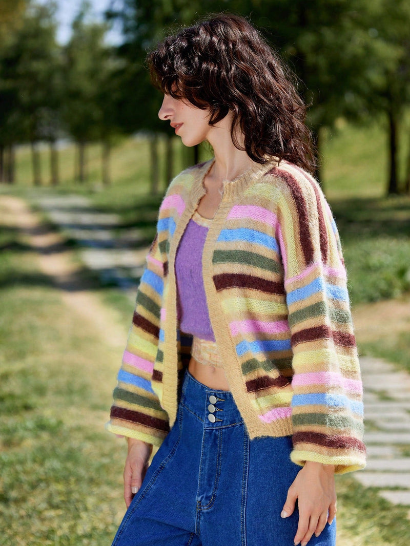 Skyraze cardigan de punto con rayas y contraste de colores en tonos tierra