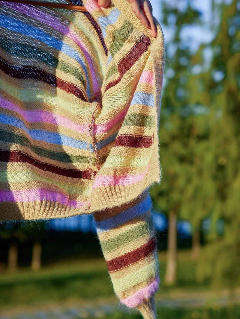 Skyraze cardigan de punto con rayas y contraste de colores en tonos tierra