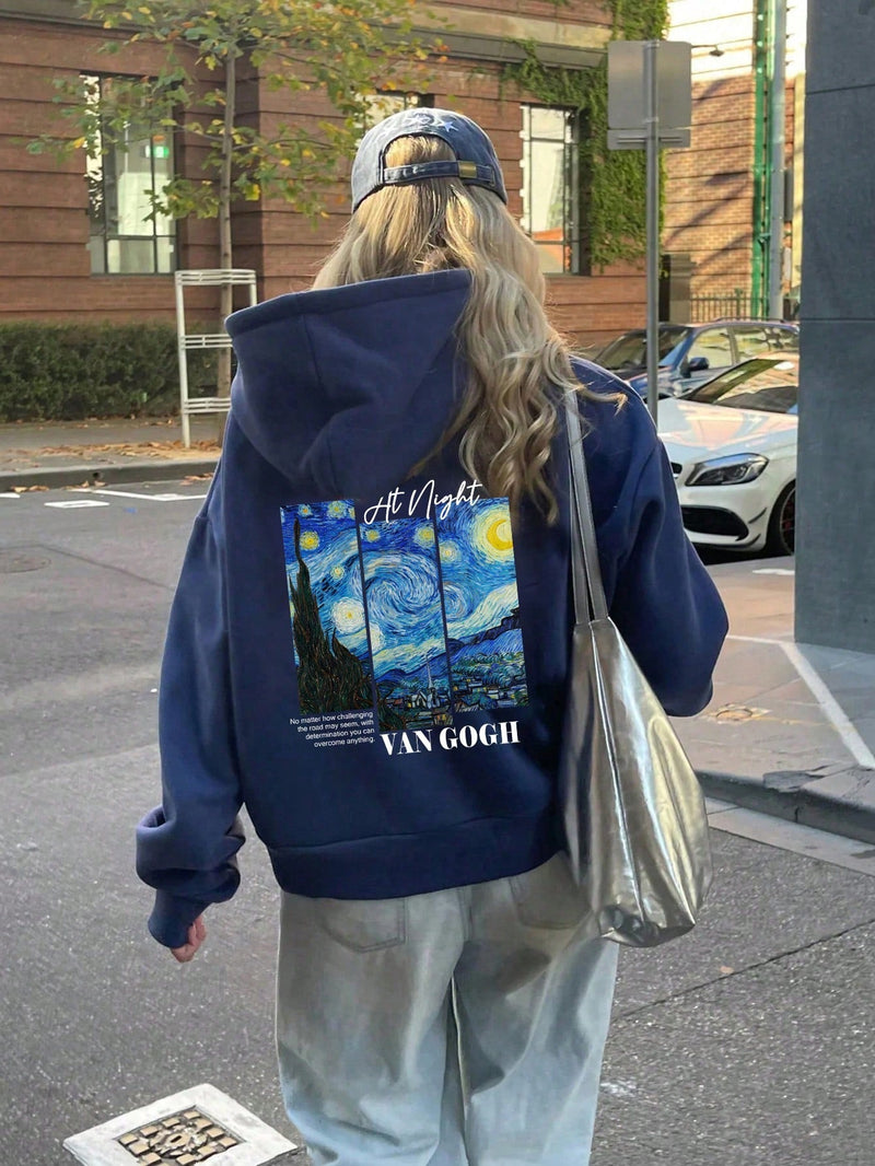 Ezwear sudadera holgada y gruesa con capucha, de manga larga, para mujer, con estampado minimalista del cielo estrellado azul de van gogh