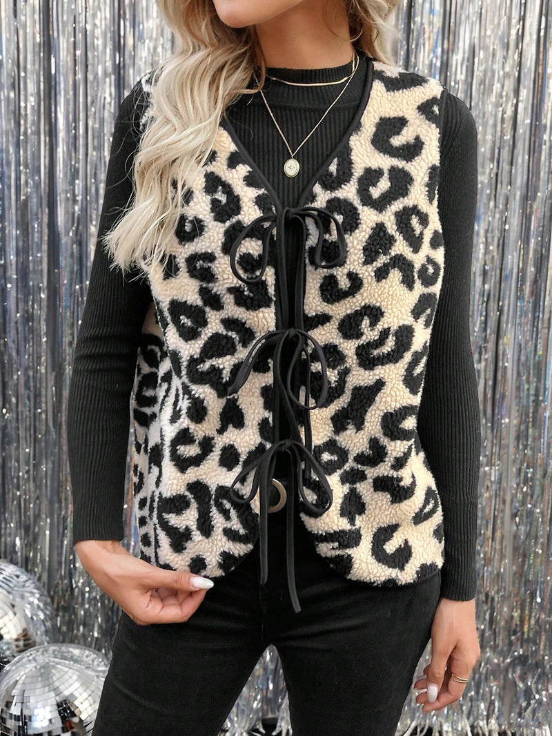 Lune chaleco-chaqueta con lazo estampado de leopardo y cierre de mujer, estilo abrigo de piel sintetica para invierno