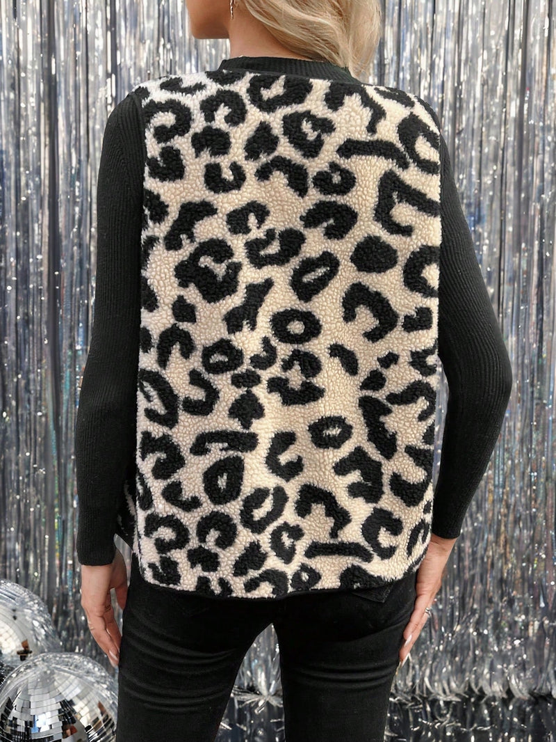 Lune chaleco-chaqueta con lazo estampado de leopardo y cierre de mujer, estilo abrigo de piel sintetica para invierno