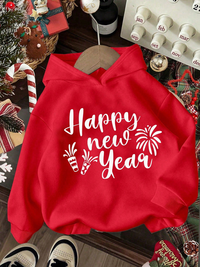 Ezwear sudadera con capucha de ajuste holgado y gruesa con estampado minimalista "feliz ano nuevo" de color rojo casual para mujer