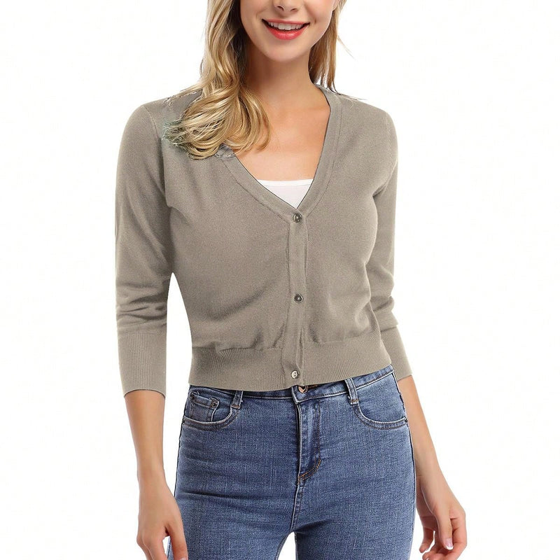 Yesfashion sueter tipo cardigan informal de punto con mangas 3/4 y corte tipo bolero abierto al frente para mujer