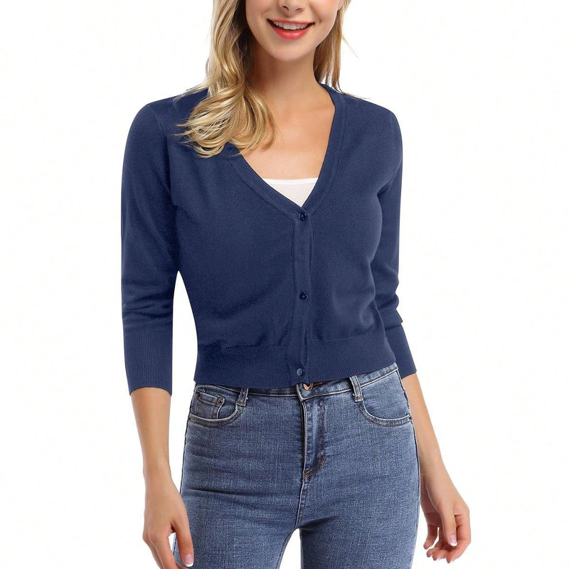 Yesfashion sueter tipo cardigan informal de punto con mangas 3/4 y corte tipo bolero abierto al frente para mujer