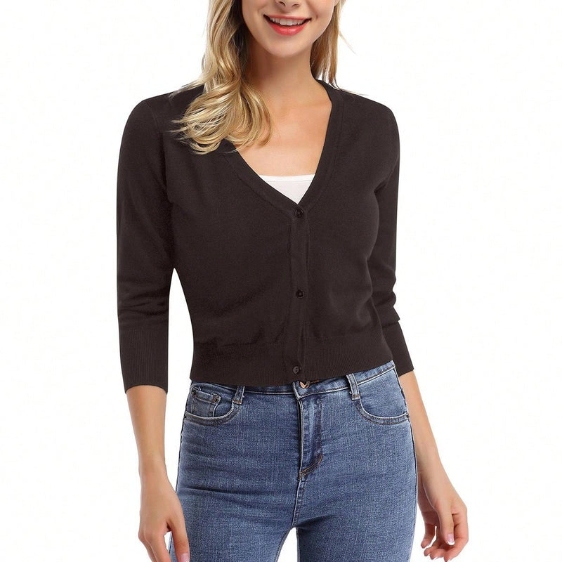 Yesfashion sueter tipo cardigan informal de punto con mangas 3/4 y corte tipo bolero abierto al frente para mujer