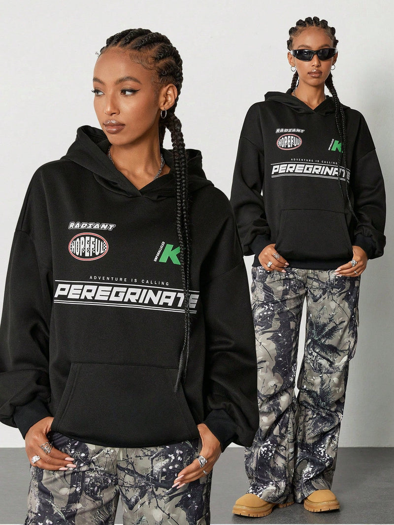 Coolane sudadera casual con capucha negra minimalista con estampado de letras para mujer