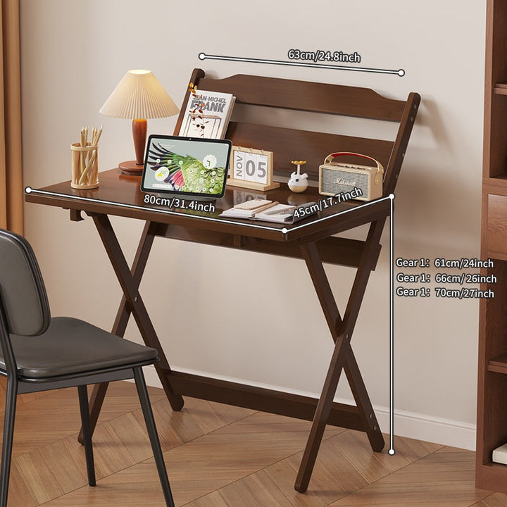 Un escritorio plegable de bambú con estantería incorporada, adecuado para el hogar, la oficina y la habitación, que ahorra espacio y es resistente y duradero.