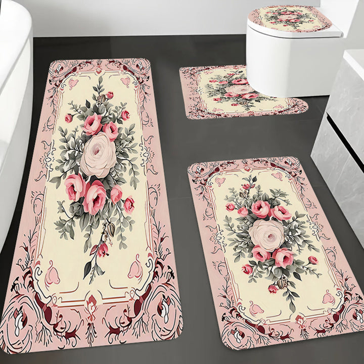 Juego de 4 Alfombrillas de Baño con Estampado de Rosas Rosas - Antideslizantes, de Franela Suave, Alfombrillas Cómodas con Diseño Floral Intrincado para Decoración del Hogar, Decoración de Baño y Accesorios