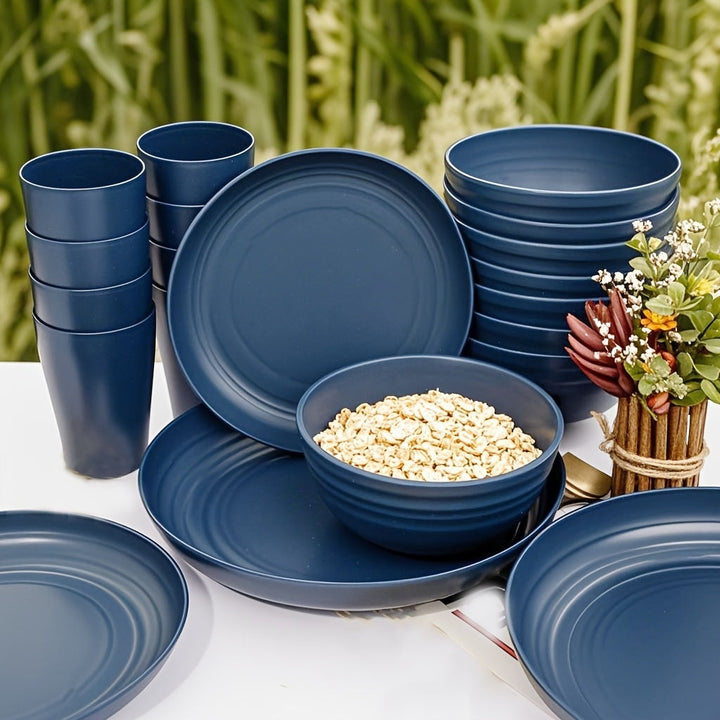 Juego de vajilla azul para 4 personas, incluye platos, tazones y tazas, apto para microondas y lavavajillas, ideal para Navidad, Año Nuevo, Día de San Valentín, cocina, camping, viajes en autocaravana y picnics