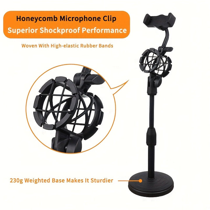 Soporte de teléfono con micrófono de ajuste de altura pesado con 2 en 1 función dual, diseño ergonómico resistente a los golpes y montaje portátil para coche - Manos libres para transmisión en vivo, podcasting, grabación de voz, grabación sin manos, cons