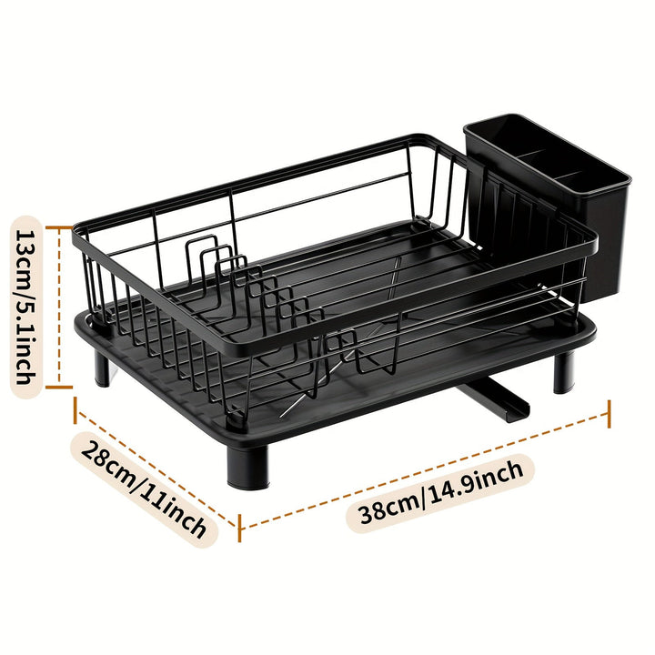 1pc Elegante Estante para Secar Platos en Negro y Blanco con Tabla de Escurreplatos - Organizador de Encimera de Cocina Duradero de Metal y Plástico para Platos, Tazones, Utensilios - Diseño Ahorra-Espacio Perfecto para Cocinas Modernas