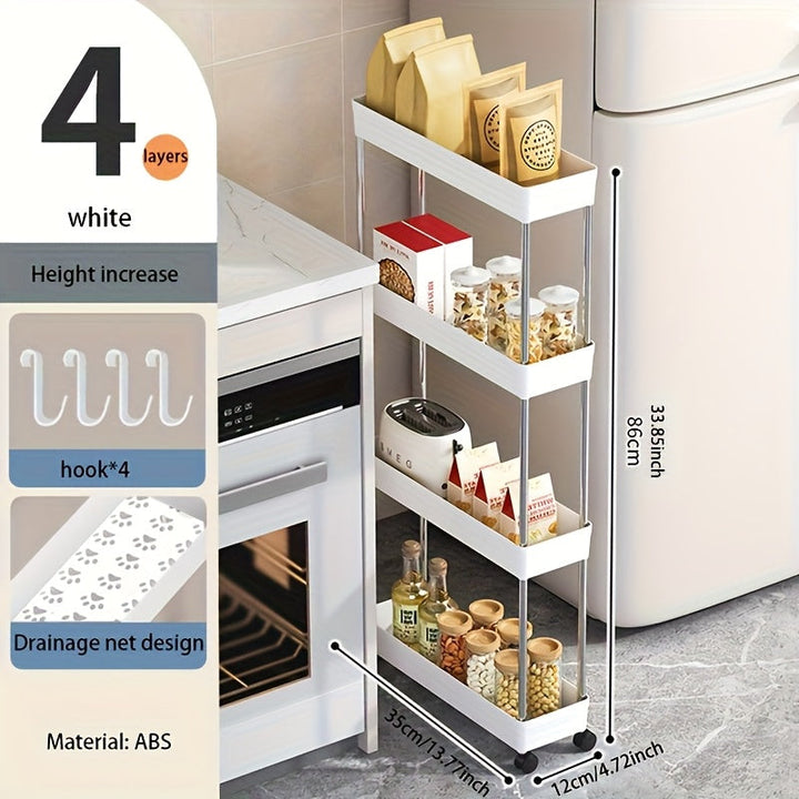 Carrito de Almacenamiento Delgado con Drenaje Calado y 4 Niveles, Carrito de Almacenamiento sobre Ruedas, Estante Estrecho, Estante para Baño, Unidad Móvil de Organización para Cocina, Baño, Lavandería,
