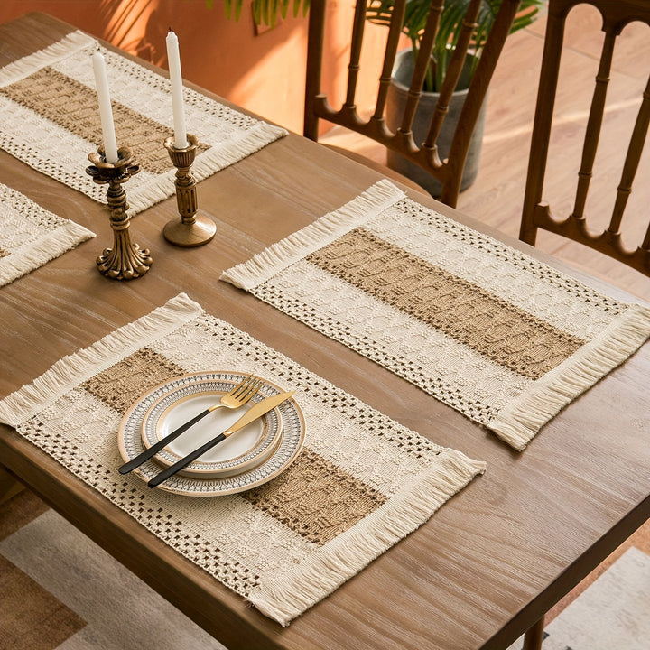 4/6piezas Manteles de arpillera bohemios, manteles de mesa de lino tejido a mano de estilo chic, manteles rectangulares de rayas con sensación de lujo ligero, adecuados para mesas de café, decoración del hogar y decoración de entretenimiento festivo - Du