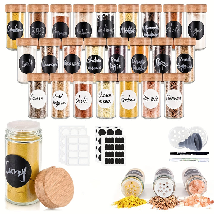 6/12/24/30 Tarros de Especias Etiquetados, Tarros! de Especias de Vidrio Redondos de 100ml, con Tapa de Bambú Sellada y Tapa Agitadora, Contenedores de Especias para Cocinar, para Estante de Especias, Cajón de Armario, Set de Botellas de Condimentos