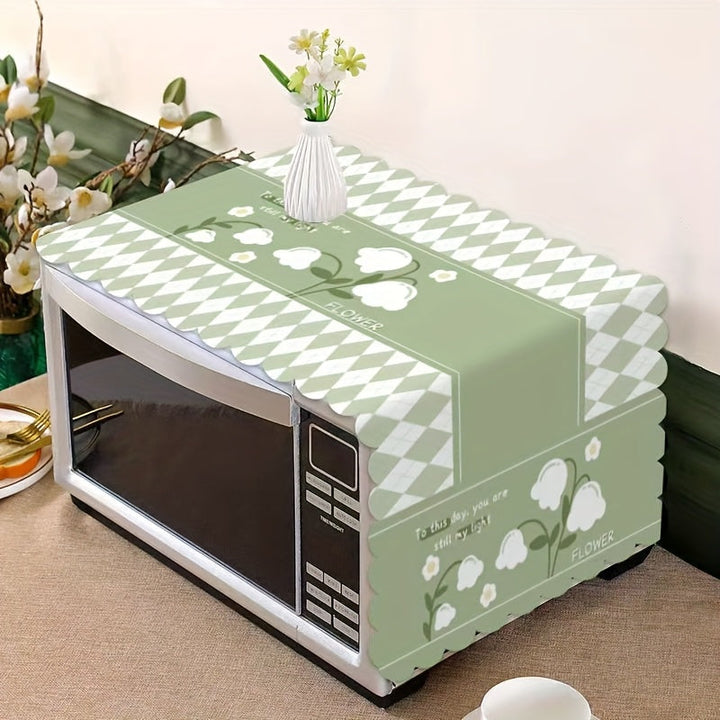 Cubierta de Microondas Elegante a Cuadros Verde y Blanco con Detalles Florales - Fibra de Poliéster Resistente al Polvo, al Sol y al Calor - Ajuste Universal para la Mayoría de Microondas - 35x98cm, Cubierta Resistente al Polvo | Cubierta de Microondas F