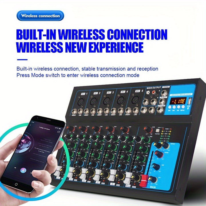 Consola de mezcla portátil de 7 canales NXG con puertos USB y MP3, alimentación fantasma de 48 V, construcción de aleación, funcionamiento con fuente de alimentación, enchufe estadounidense de 110-130 V, mezclador de audio profesional para grabaciones y