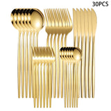 Juego de cubiertos de acero inoxidable de 30 piezas, incluyendo cuchillo de bistec, tenedores, cucharas y cucharadita, tenedores de cena, cucharas de cena, tenedores de frutas, cucharita pequeña para postre, cucharita de café, apto para lavavajillas, pul