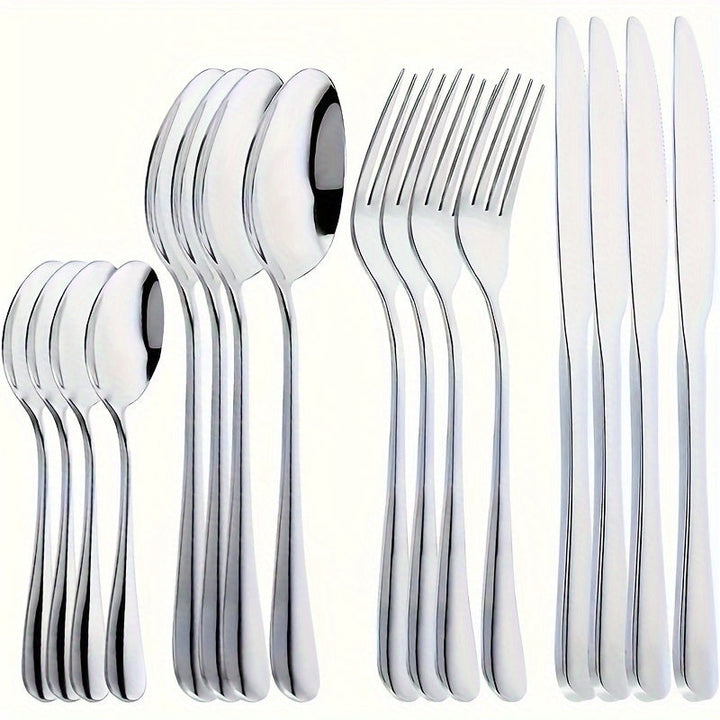 Un juego de vajilla de acero inoxidable de 16 piezas - vajilla elegante que incluye cuchillo de cena, tenedor, cuchara, cucharilla - cubertería moderna pulida a espejo para Navidad, Halloween, Pascua, Hanukkah, Acción de Gracias - apto para lavavajillas