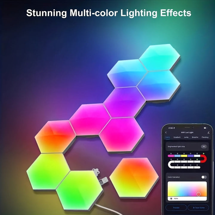 10 Piezas de Luces Hexagonales LED para Pared, Control Inteligente por USB y Música, Decoración para Habitaciones o Salas de Juegos, Panel Luminoso DIY