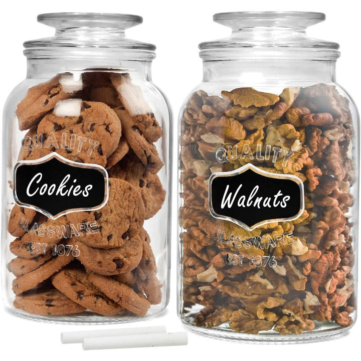 Jarras de vidrio redondo con tapas selladas, adecuadas para galletas, dulces, granos - Juego de jarras de galletas que incluye etiquetas de pizarra y lápiz - 3.79/7.57 tazas (2 piezas/1 pieza), transparentes