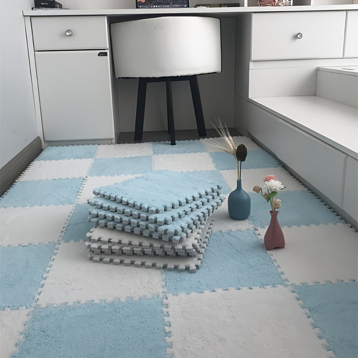 12 piezas Alfombra modular de peluche, gruesa anti-golpe Alfombra de habitación de dormitorio, 29,97 x 29,97 cm, Hecha a máquina de poliéster y EVA, Solo lavado a mano, Decoración de habitación
