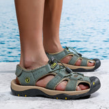 Sandalias de verano para hombre - Suela de goma ligera, antideslizante y duradera, parte superior de cuero auténtico transpirable, correas ajustables con gancho y bucle, zapatos de senderismo casuales para comodidad en todas las estaciones, sandalias de