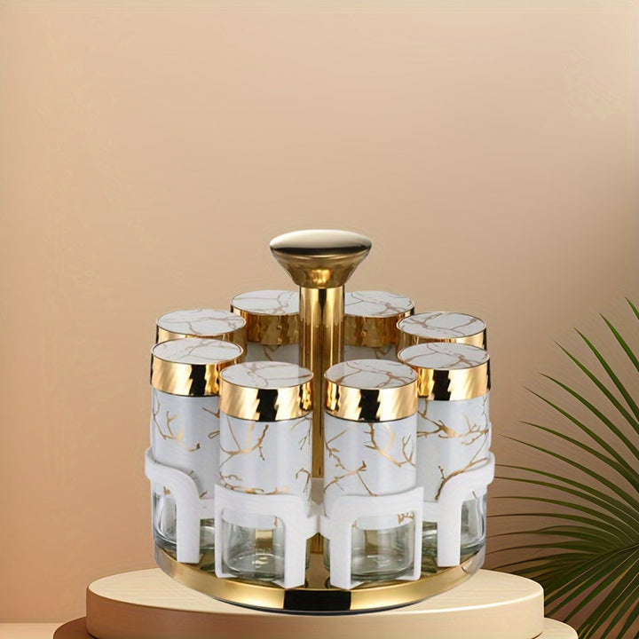 Juego de especias de cocina de 8 botellas con asas doradas - Elegantes frascos de vidrio blanco y dorado para condimentos, pimientas y hierbas, ideales para estanterías giratorias de especias, esenciales para estanterías de especias | Contenedor de espec