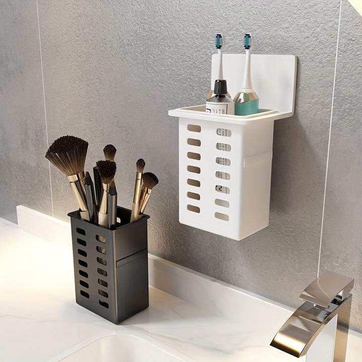 1pc Organizador de Baño Montado en Pared Sin Taladro - Estante Ventilado de Plástico Duradero para Artículos de Aseo, Brochas y Botellas, Almacenamiento Ahorrador de Espacio Blanco y , Fácil Instalación, Estantería para Baño